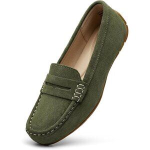 Kordal Women Army Green Suede Gold Accent Buckle Slip-Ons Walking Flats Loafers